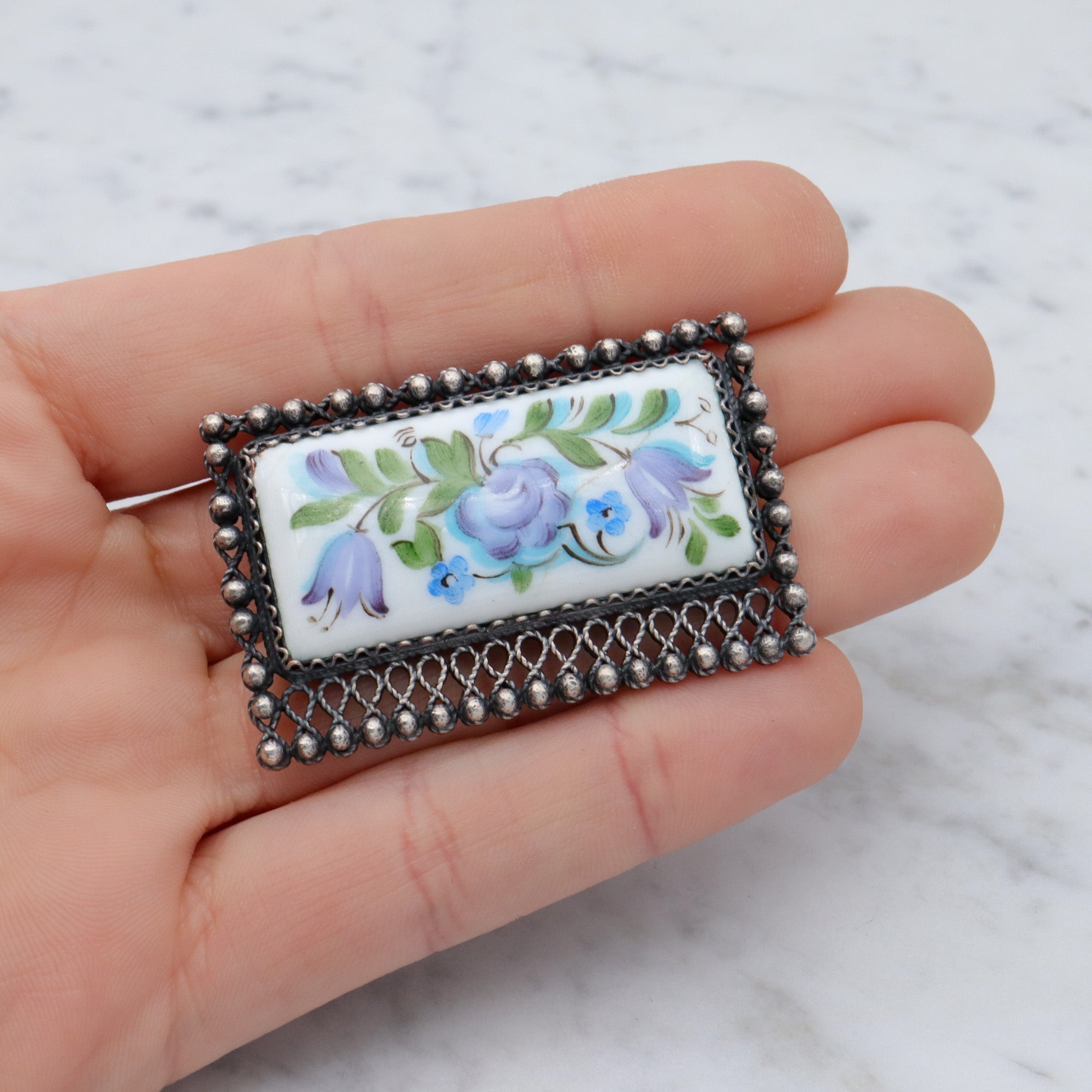 Mid Century Modern European silver plated, hand painted Finift porcelain plaque brooch